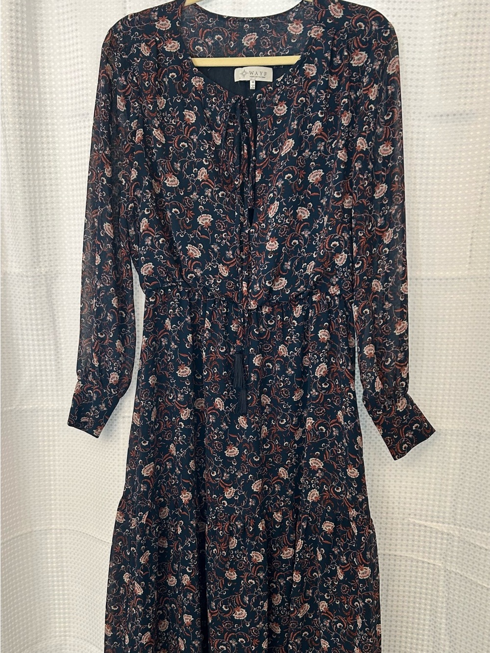 WAYF Long Sleeve Maxi Dress Womens M Blue Floral Stretch Waist